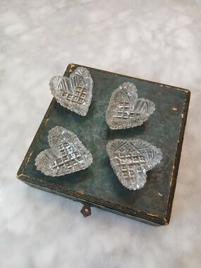 Vintage Set of 4 Cut Crystal Heart Dishes In Box